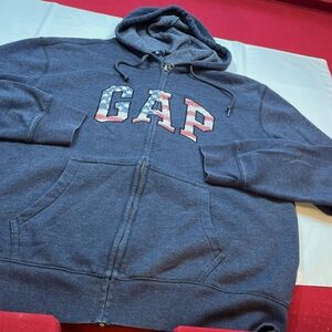 GAP Blue XL HOODIE FULL ZIP SWEATER JACKET SPELL OUT AMERICAN FLAG PATRIOTIC USA